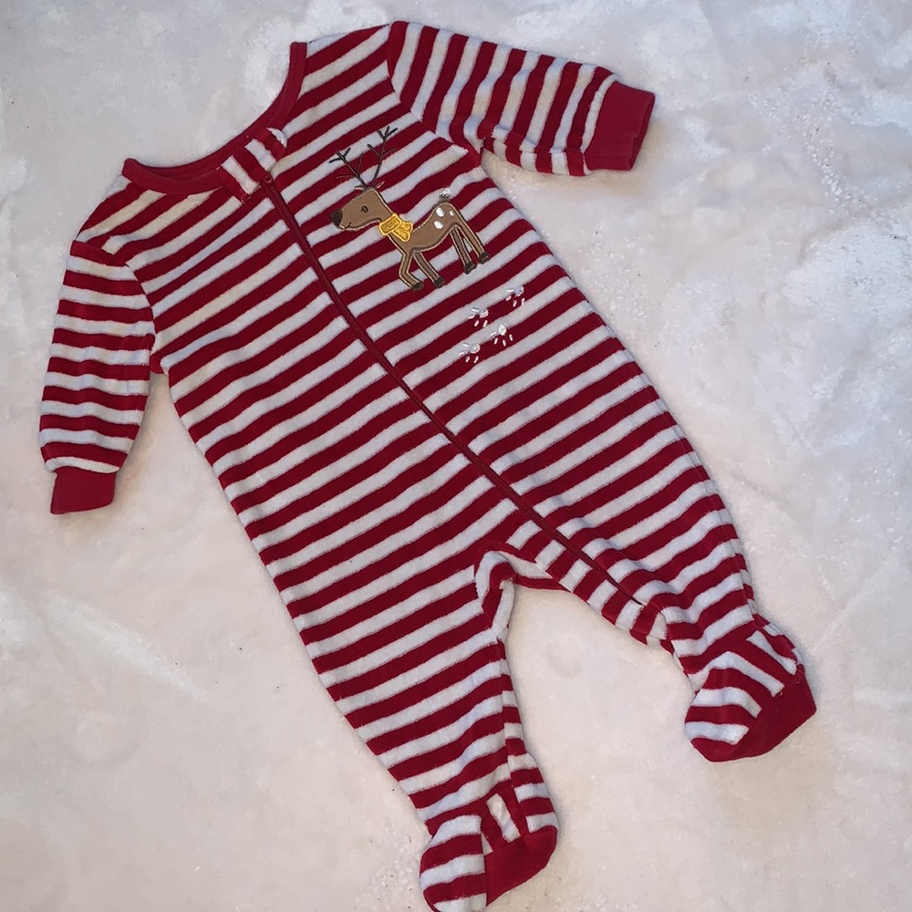 Joe Fresh Baby Boy Red Striped Reindeer One Piece Footie 0-3M - Picture 2 of 8